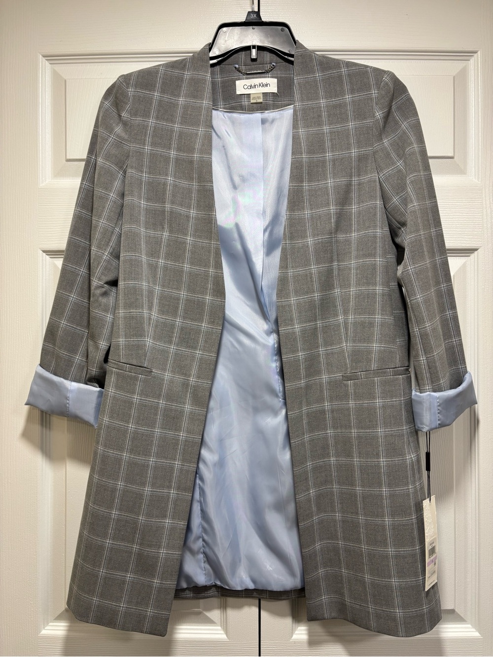 NWT Calvin Klein Gray Plaid Open Front Long Blazer Jacket Size 6
